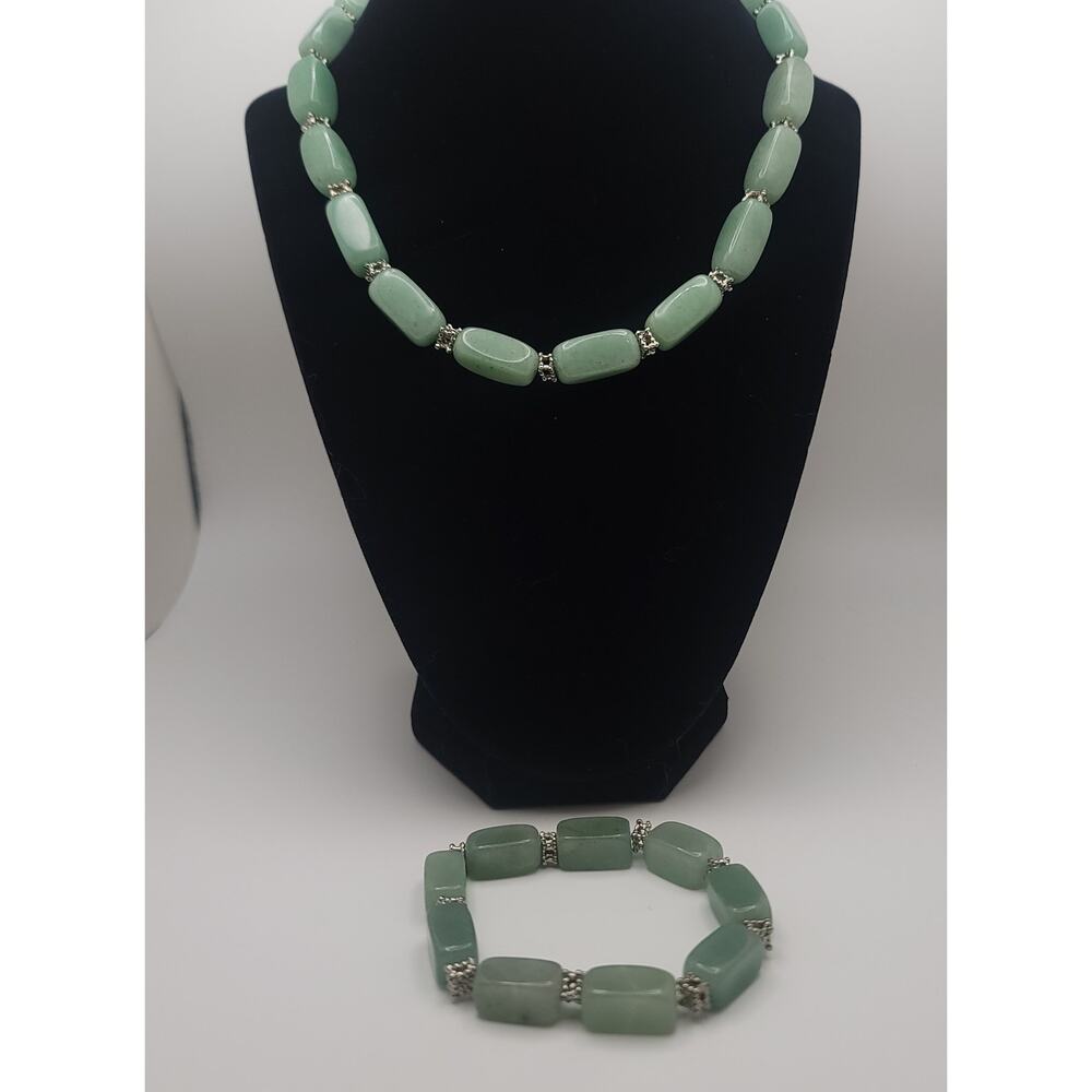 Green Aventurine Rectangular Beads with Silver-Tone Spacers Necklace & Bracelet